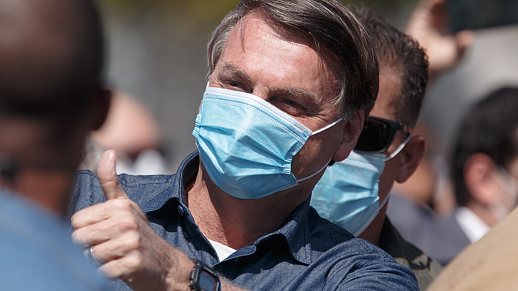 August 07 2020: Brazilian President Jair M. Bolsonaro wearing a protection facial mask during a visit on the city of São Vicente