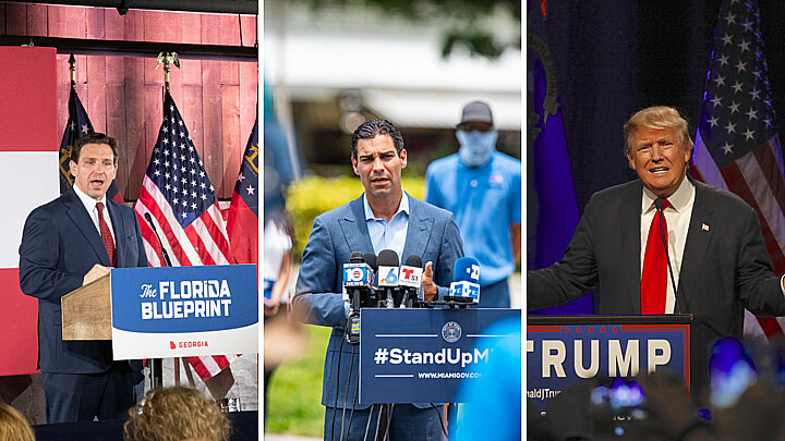 Republican presidential candidates Donald Trump, Francis Suarez, and Ron DeSantis
