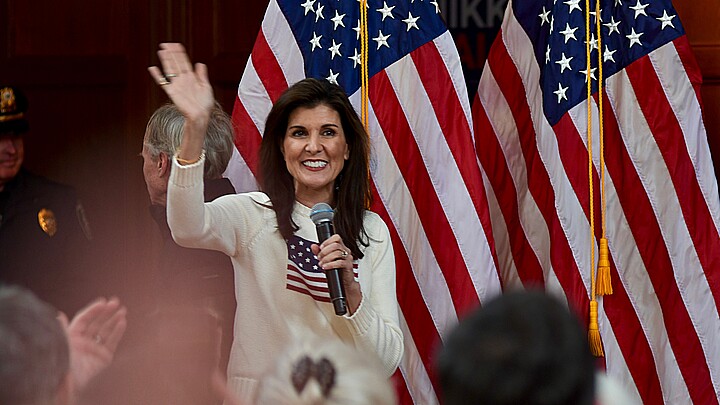 Former U.N. Ambassador Nikki Haley waves to the crowd at a campaign rally during the New Hampshire presidential primary on Jan. 20, 2024.