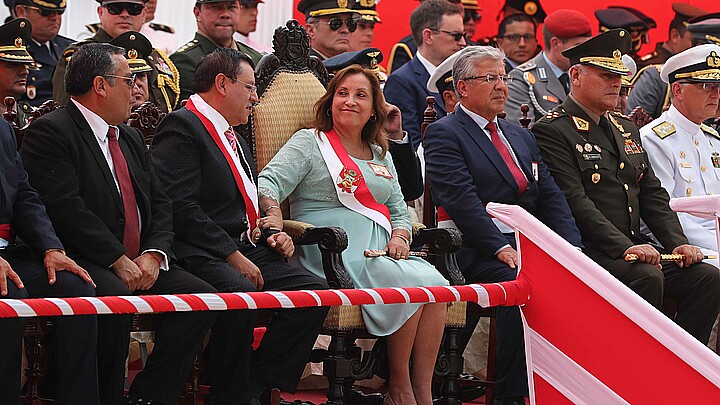 Peruvian President Dina Boluarte attends an anniversary ceremony of the Chavín de Huántar rescue operation in Lima in May 2024