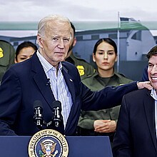 President Biden reacts with state Rep. Vicente Gonzalez Jr. at the U.S. Border Patrol Station in Brownsville, Texas Feb. 29,  2024