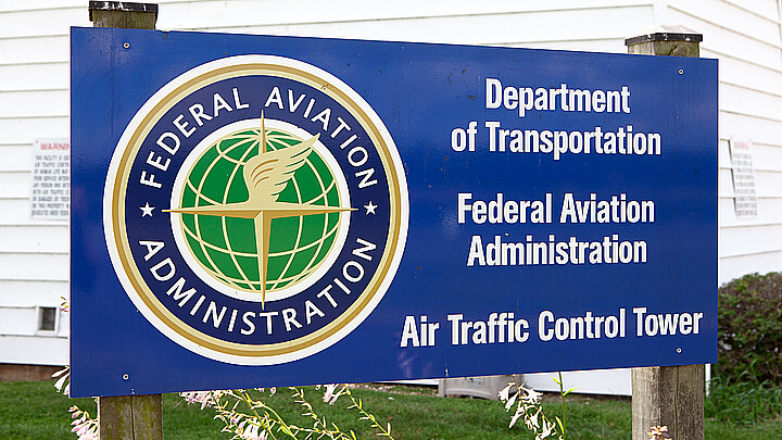 FAA Air Traffic Control Tower sign at Lancaster Airport in Pennsylvania on July 24, 2015