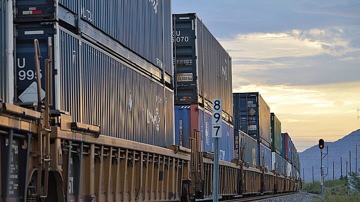Shipping containers at railway in Arizona