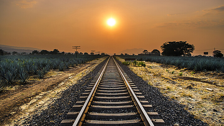 Sunset on train tracks in Tequila, Mexico