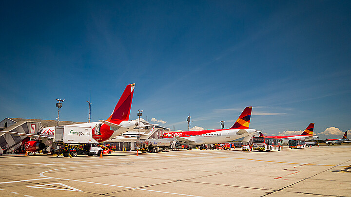 Avianca airplanes line up at international airport El Dorado Bogota Colombia