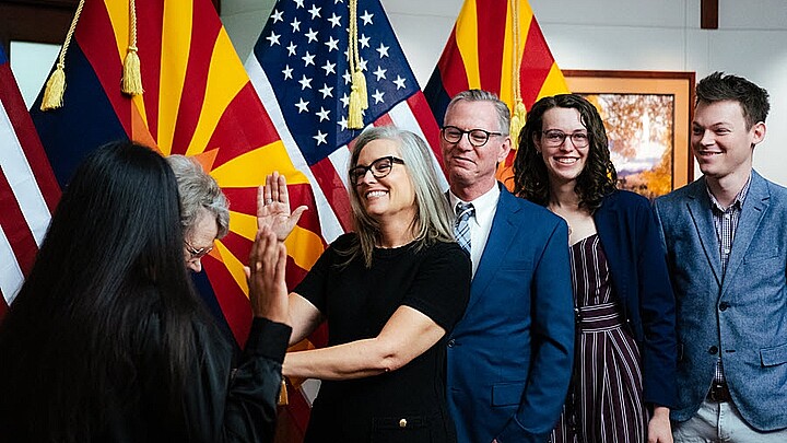 On January 2, 2023, Arizona Gov. Katie Hobbs, takes her oath of office during a private swearing-in ceremony at the Arizona State Capitol