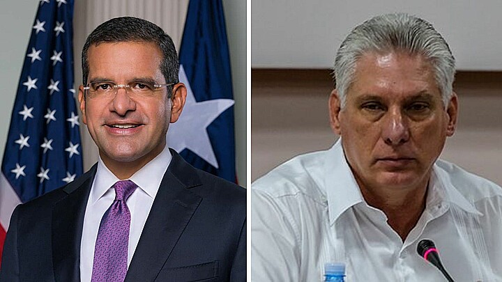 El gobernador de Puerto Rico, Pedro R. Pierluisi, (i) y el gobernante de Cuba, Miguel Díaz-Canel (d)