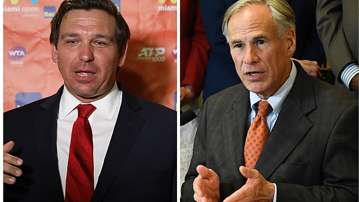 El gobernador de Florida, Ron DeSantis (izq) y el gobernador de Texas Greg Abbott (der)