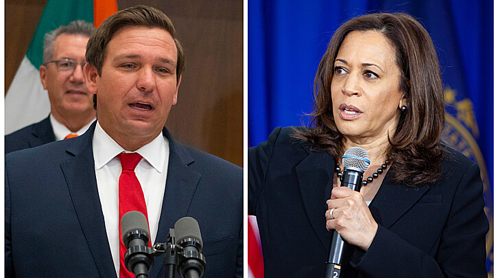 El gobernador de Florida, Ron DeSantis (izq) y la vicepresidenta de Estados Unidos, Kamala Harris (der)