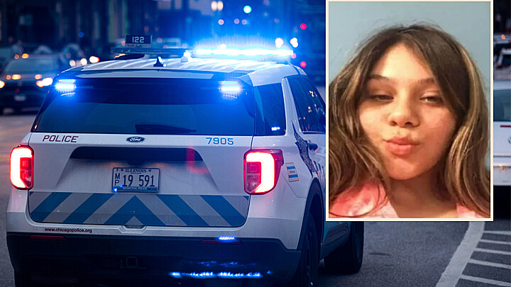 Una patrulla de la Policía de Chicago y una foto de Rosa Chacón difundidas en el cartel de Se busca