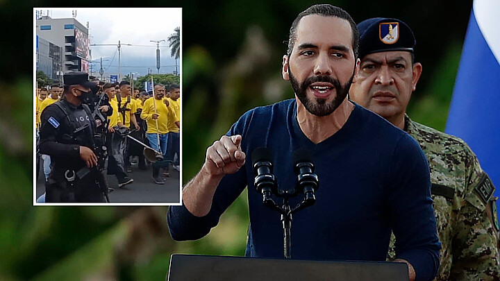 El presidente de El Salvador, Nayib Bukele, y una captura de pantalla de presos barriendo calles