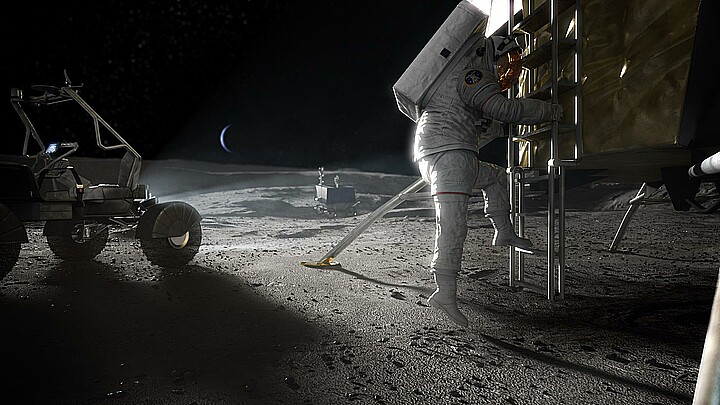 Recreación artística de un astronauta del programa Artemis mientras pisa la luna durante un viaje espacial