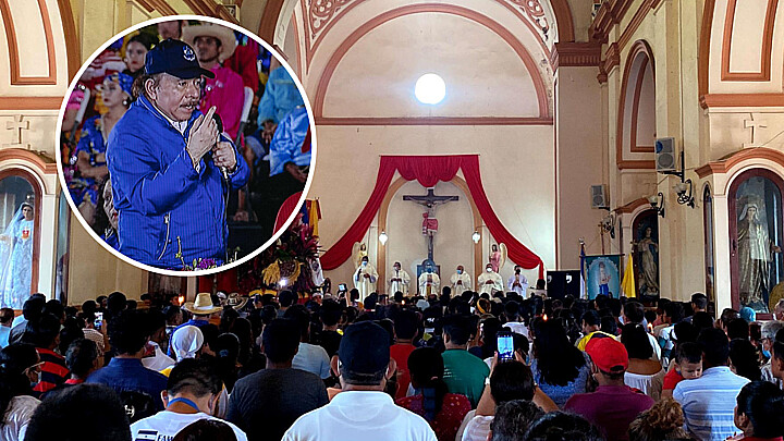 El dictador de Nicaragua, Daniel Ortega y en fondo una iglesia 