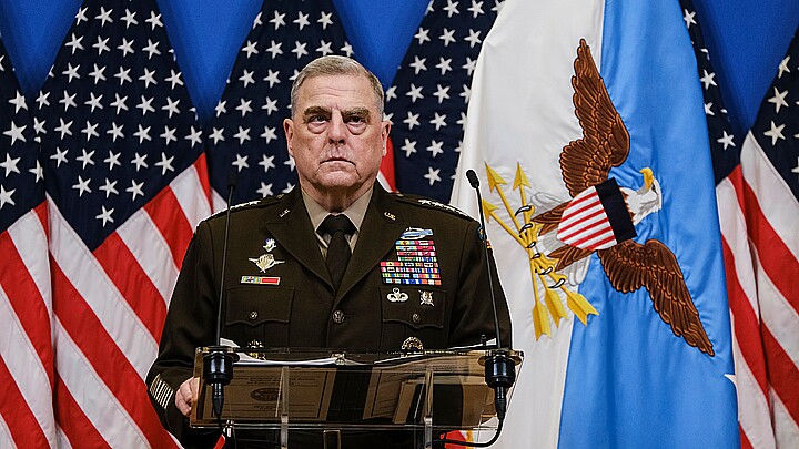 U.S. Chairman of the Joint Chiefs of Staff, Gen. Mark Milley speaks during a press conference at the NATO Headquarters in Brussels, Belgium on Feb. 14, 2023