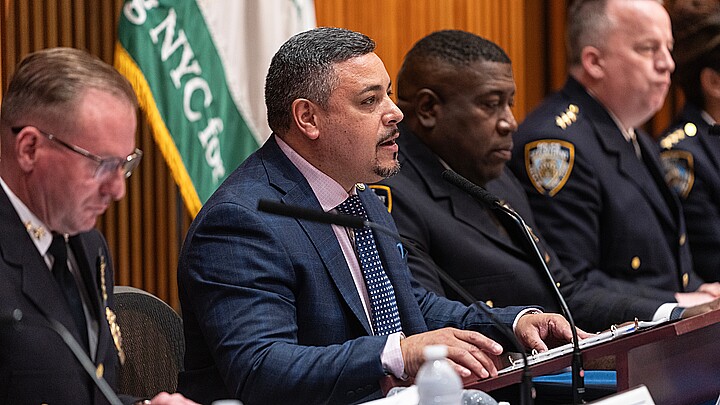 Edward Caban speaks at press briefing announcing citywide crime statistics for June at NYPD Headquarters on July 6, 2023