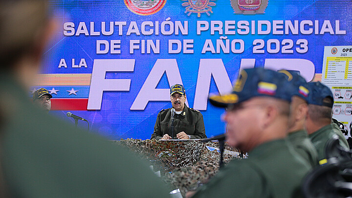Venezuelan dictator Nicolás Maduro speaking to military generals in Caracas on Dec. 28, 2023