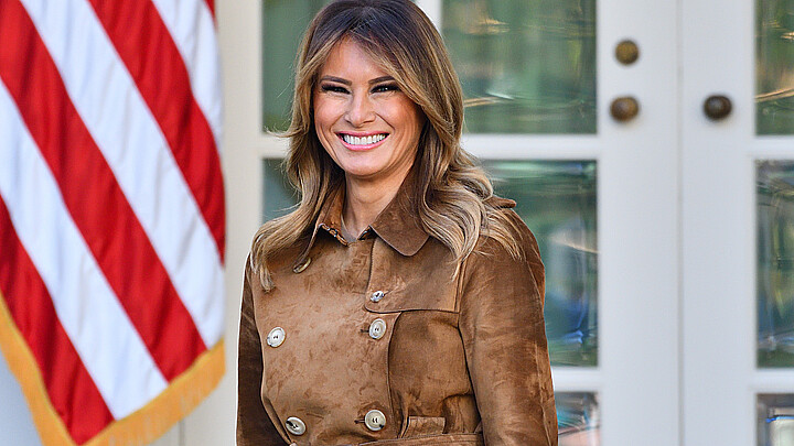 First Lady Melania Trump stands in the Rose Garden of the White House in 2019