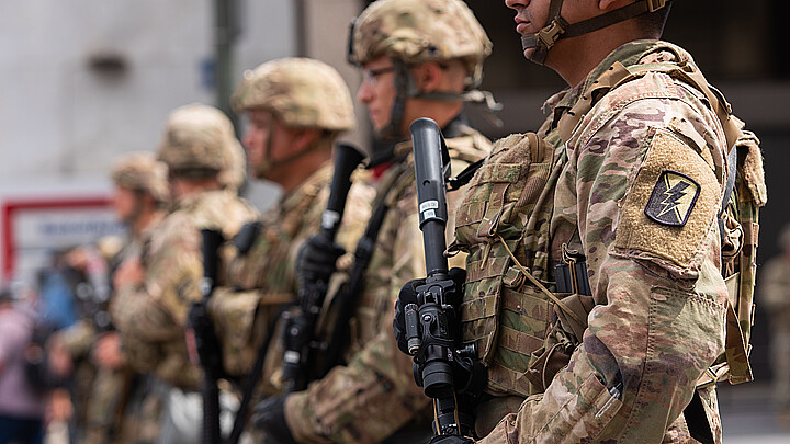 National Guard troops stand along the street in Hollywood, California in 2020