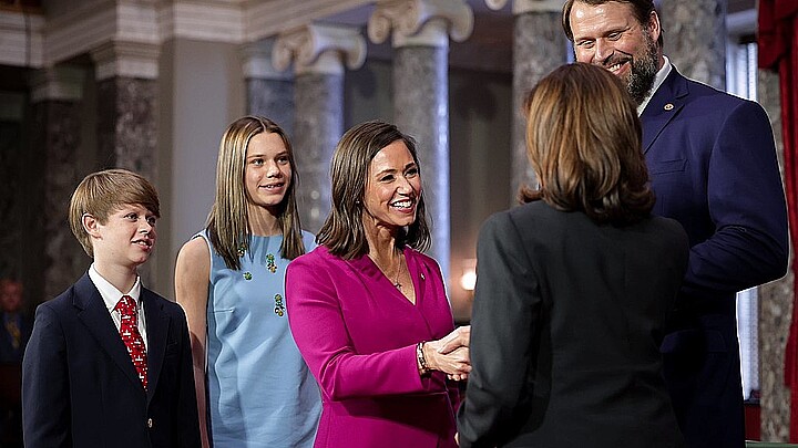 Alabama U.S. Sen. Katie Britt and her family at her inauguration with Vice President Kamala Harris, 2023