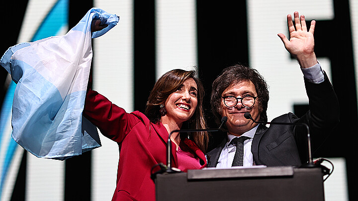 Argentinian President Javier Milei and Vice President Victoria Villarruel during the closing of their campaign in Buenos Aires in October 2023