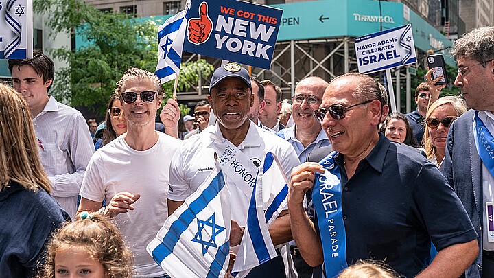 Mayor Eric Adams marches at a Celebrate Israel Parade on a theme Together Again on 5th Avenue in Manhattan in May 2022