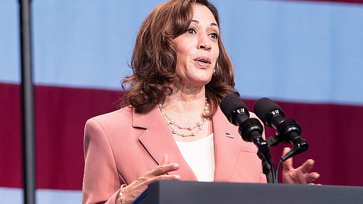 Vice President Kamala Harris announces the formation of the Economic Opportunity Coalition to invest in underserved communities at Restoration Plaza in 2022