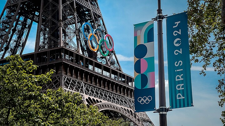 The Olympic Rings installed on the Eiffel Tower ahead of the Paris 2024 Olympic Games
