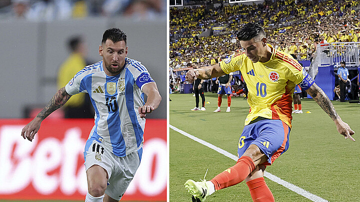 Combo de dos fotografías del jugador argentino Lionel Messi (i) y el colombiano James Rodríguez. Messi contra Rodríguez