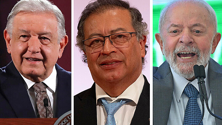 El presidente mexicano Andrés Manuel Lopéz Obrador, el presidente colombiano Gustavo Petro y el presidente brasileño Lula Da Silva