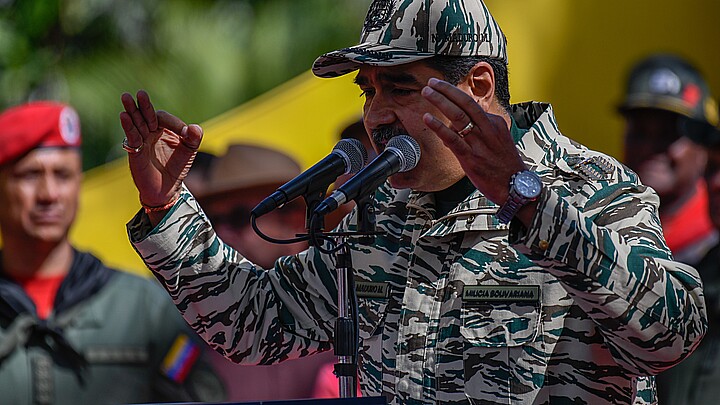 Venezuelan Dictator Nicolas Maduro speaks during a rally on the 22nd anniversary of the coup against Hugo Chavez