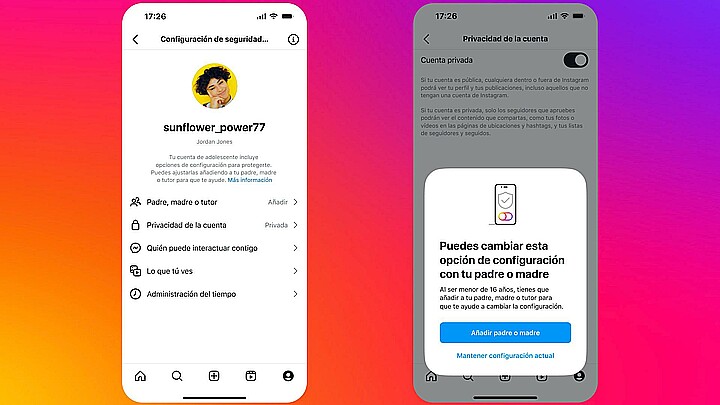 Fotografía cedida por Meta donde se muestra la interfaz de configuración de seguridad de una Cuenta de Adolescente en Instagram