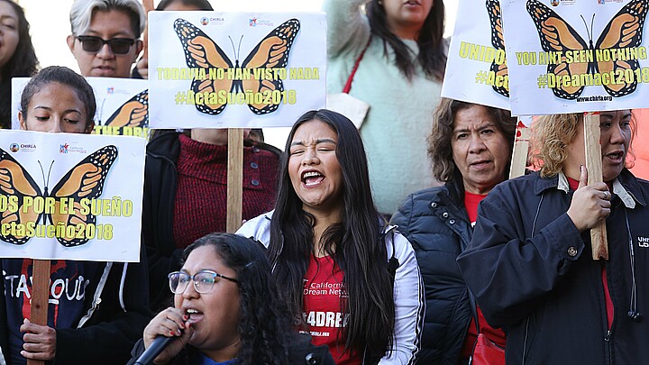 People protest the inaction of congress on the Deferred Action for Childhood Arrivals program (DACA) at the Federal Building in Los Angeles, California in 2017