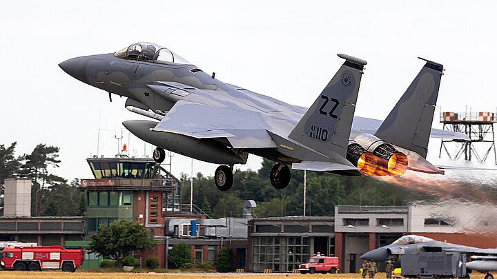 US Air Force F-15C Eagle fighter jet from Massachusetts Air National Guard taking off from Wunstorf Air Base during NATO exercise Air Defender 23. Wunstorf, Germany - June 15, 2023