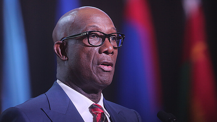 Prime Minister of Trinidad and Tobago Keith Rowley speaks today during the opening ceremony of the Forty-fifth Ordinary Conference of CARICOM Heads of Government in 2023