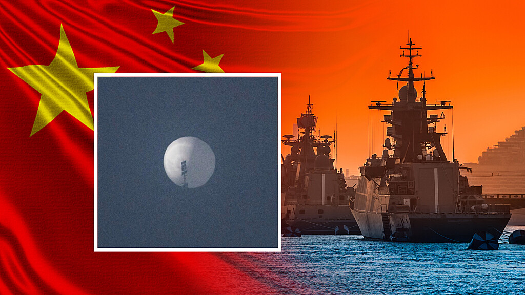 Collage of suspected Chinese spy balloon moving over U.S