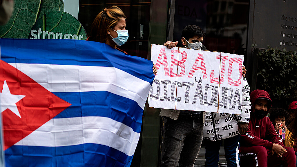 London, England, UK - May 9, 2021: Protesters demonstrate near Embassy of Cuba, London regarding hunger strike in Cuba 