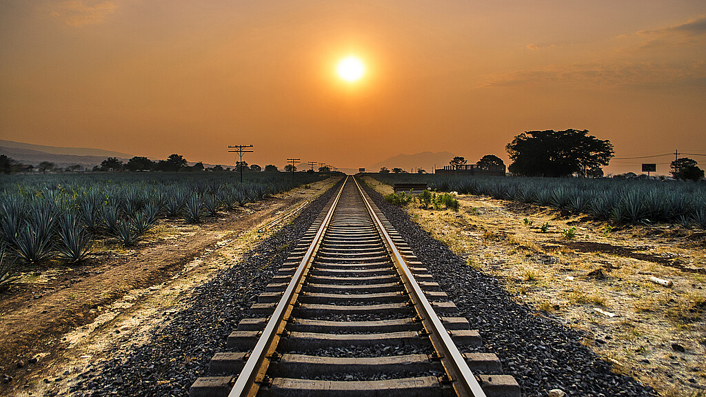 Sunset on train tracks in Tequila, Mexico