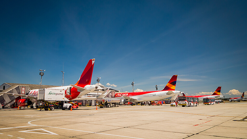Avianca airplanes line up at international airport El Dorado Bogota Colombia