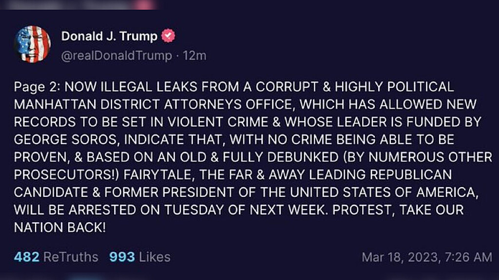Captura de pantalla del mensaje de Donald Trump en su red social Truth Social