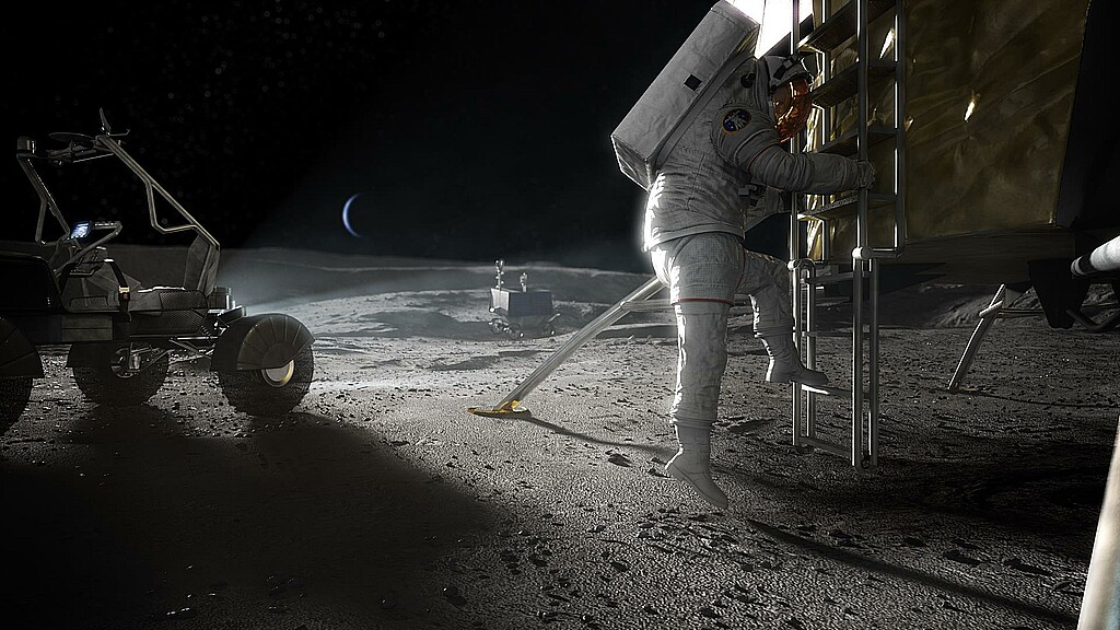 Recreación artística de un astronauta del programa Artemis mientras pisa la luna durante un viaje espacial