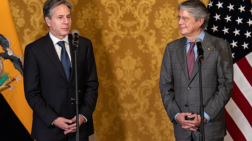 U.S. Secretary of State and Ecuador's President Guillermo Lasso meet at the presidential palace during his first official visit to South America in October 2021