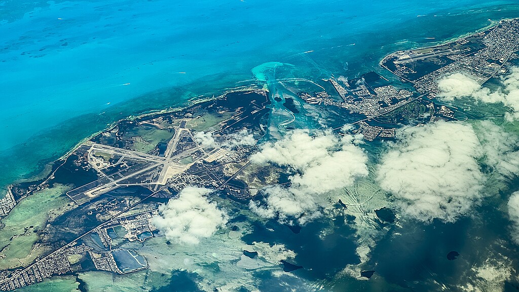 Aerial view of Boca Chica Key next to Key West, as part of Florida Keys in Atlantic Ocean with the Naval Air Station Key West Airport