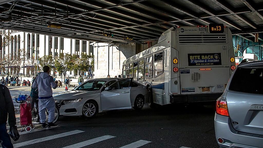 Stock photo of a car accident involving a NYC MTA bus in the Bronx