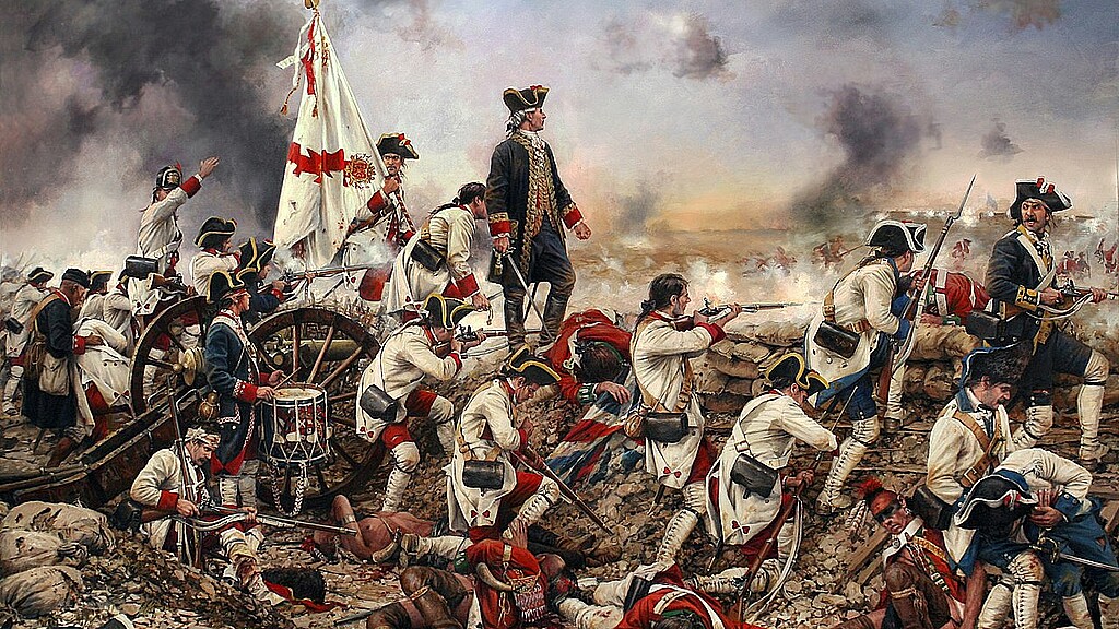 Work titled "For Spain and for the King, Gálvez in America." Spanish Gen. Bernardo de Gálvez is shown during the Battle of Pensacola