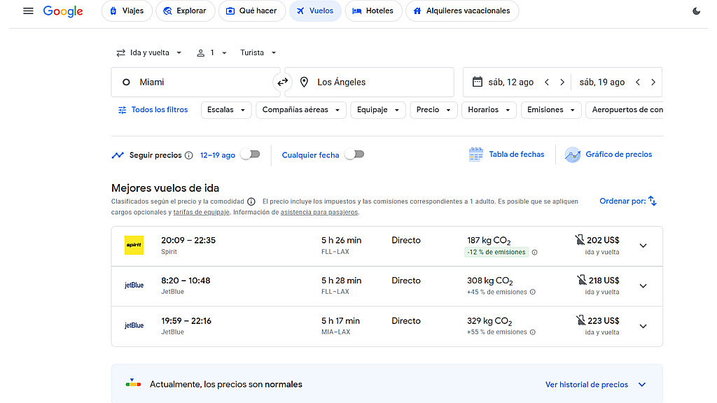Screenshot aplicación de Google Flights de comparar vuelos