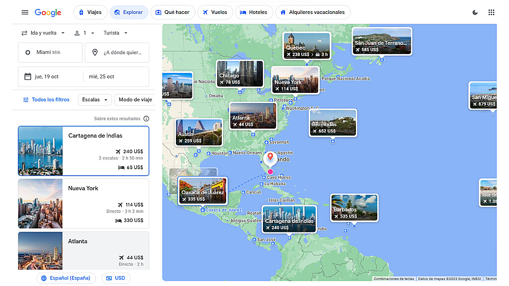 Screenshot aplicación de Google Flights de explorar destinos