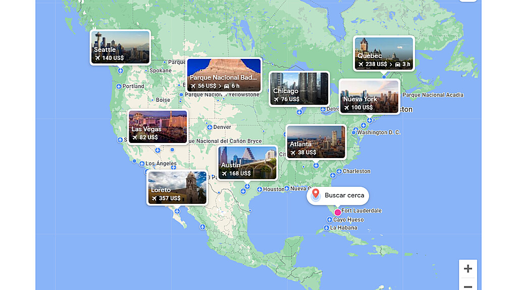Screenshot aplicación de Google Flights del mapa interactivo
