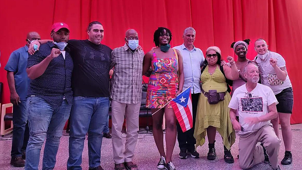 Cuban president Miguel Diaz-Canel alongside members of the Venceremos Brigade