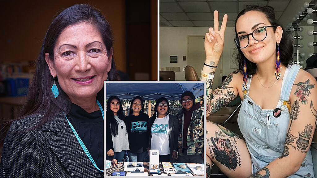 From left to right: Secretary of the Interior Deb Haaland, Deb Haaland wearing a Pueblo Action Alliance T-shirt, and daughter Somah Haaland on the right