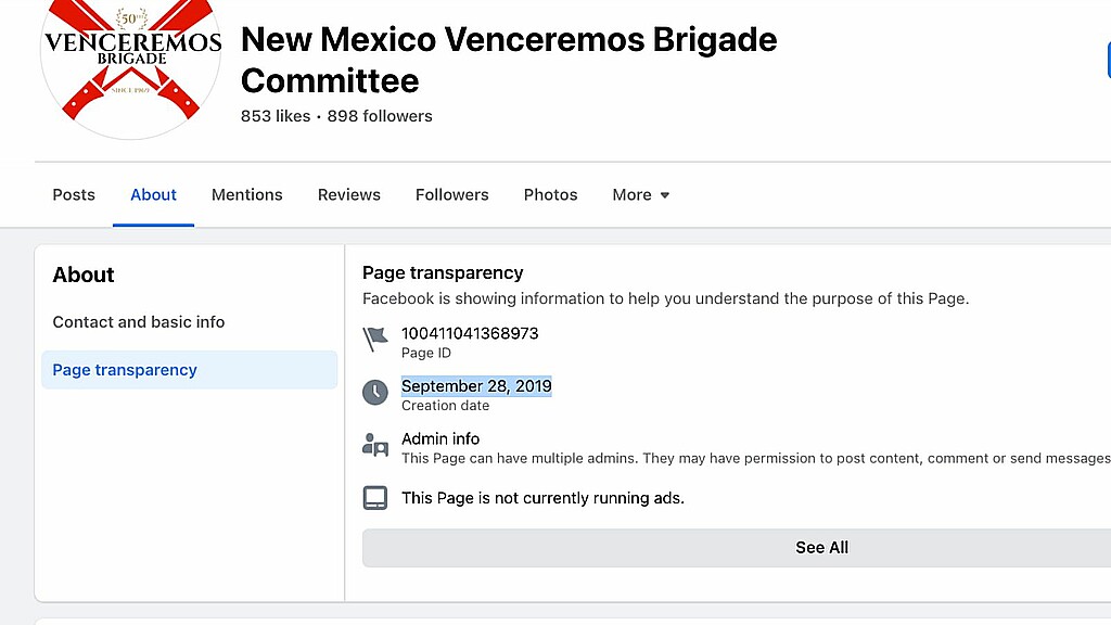 NM Venceremos Brigade Committee Facebook Page was created in 2019